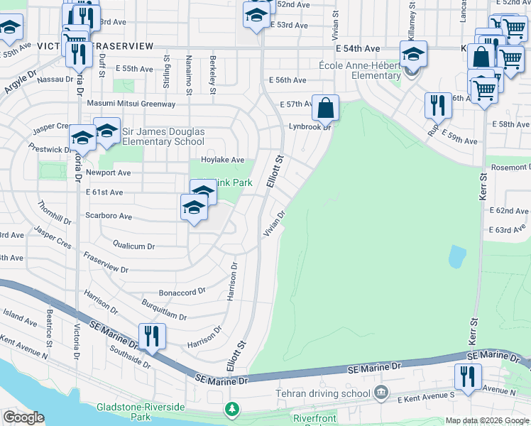 map of restaurants, bars, coffee shops, grocery stores, and more near 7790 Elliott Street in Vancouver