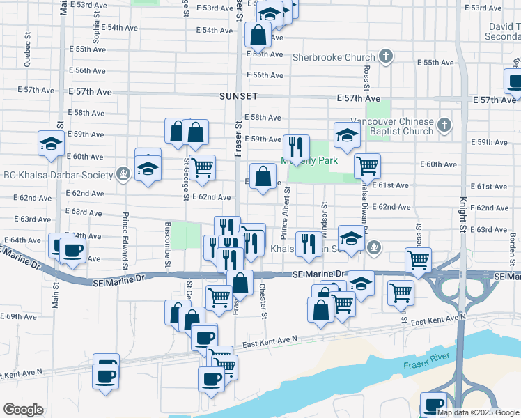 map of restaurants, bars, coffee shops, grocery stores, and more near 748 East 62nd Avenue in Vancouver
