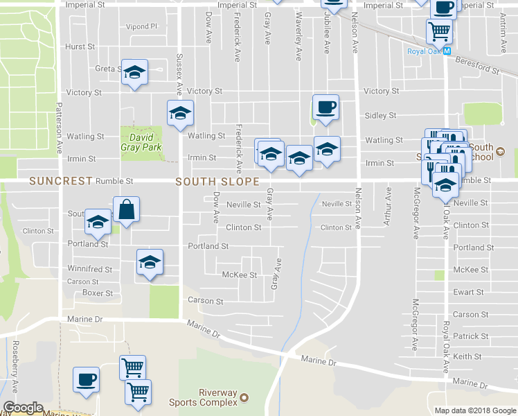 map of restaurants, bars, coffee shops, grocery stores, and more near 4580 Neville Street in Burnaby