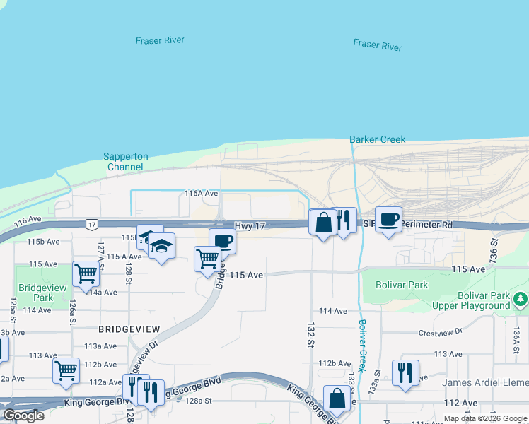 map of restaurants, bars, coffee shops, grocery stores, and more near 13087 116 Avenue in Surrey