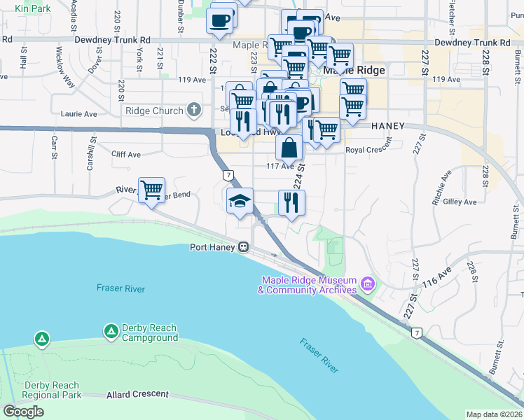 map of restaurants, bars, coffee shops, grocery stores, and more near 22323 Callaghan Avenue in Maple Ridge