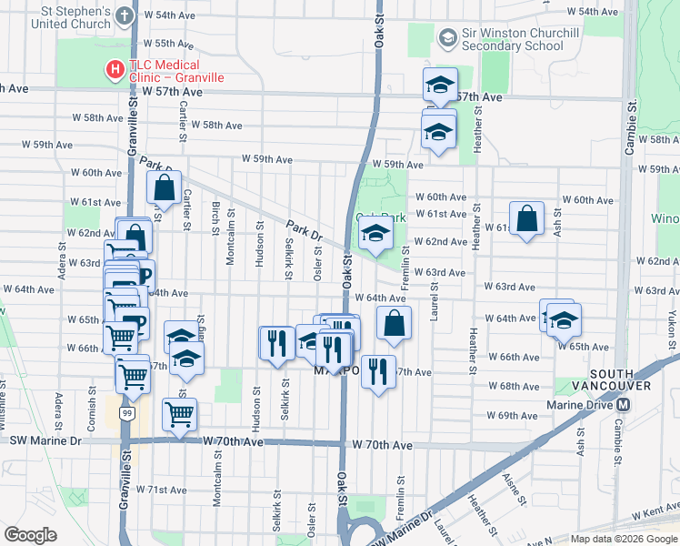 map of restaurants, bars, coffee shops, grocery stores, and more near 7909 Oak Street in Vancouver