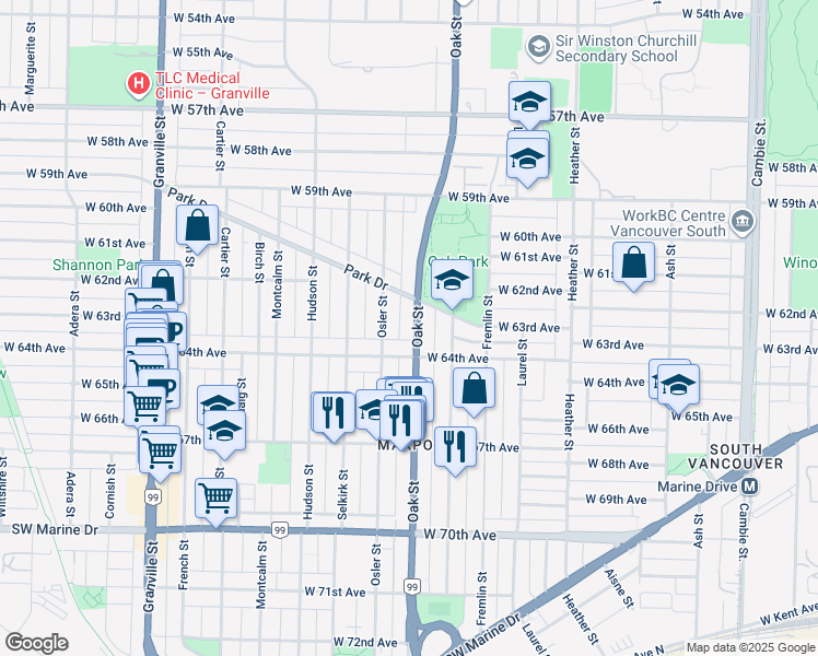map of restaurants, bars, coffee shops, grocery stores, and more near 7909 Oak Street in Vancouver