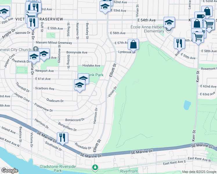 map of restaurants, bars, coffee shops, grocery stores, and more near 7790 Elliott Street in Vancouver