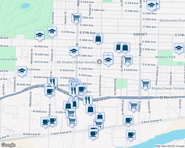 map of restaurants, bars, coffee shops, grocery stores, and more near 339 East 63rd Avenue in Vancouver