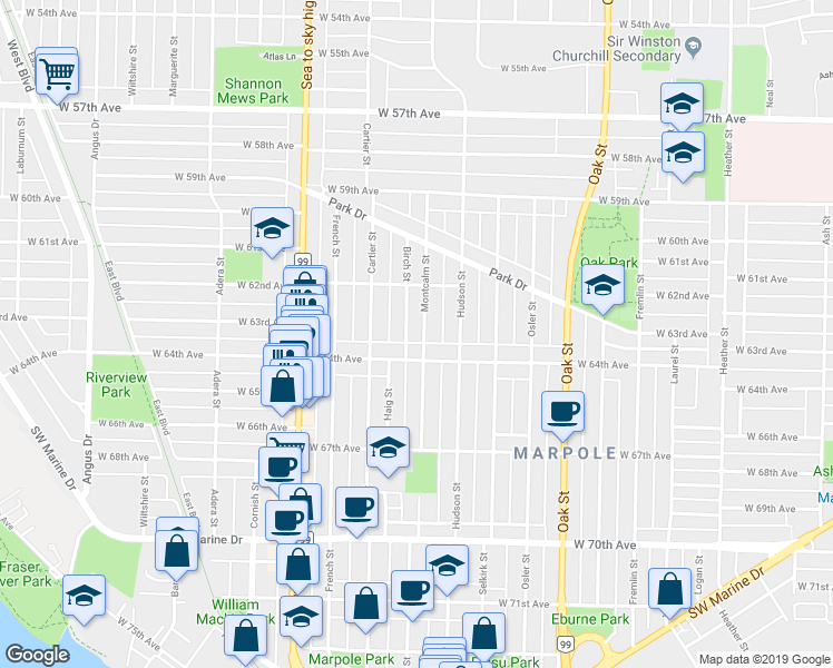 map of restaurants, bars, coffee shops, grocery stores, and more near 7949 Montcalm Street in Vancouver