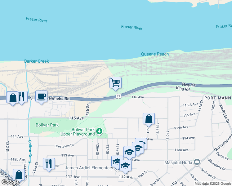 map of restaurants, bars, coffee shops, grocery stores, and more near 13761 116 Avenue in Surrey