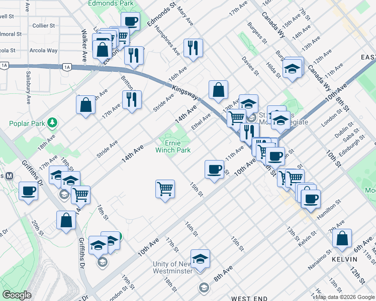 map of restaurants, bars, coffee shops, grocery stores, and more near 7298 13th Avenue in Burnaby