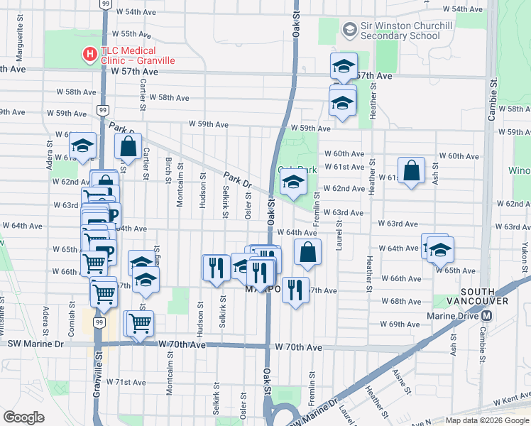 map of restaurants, bars, coffee shops, grocery stores, and more near 7903 Oak Street in Vancouver