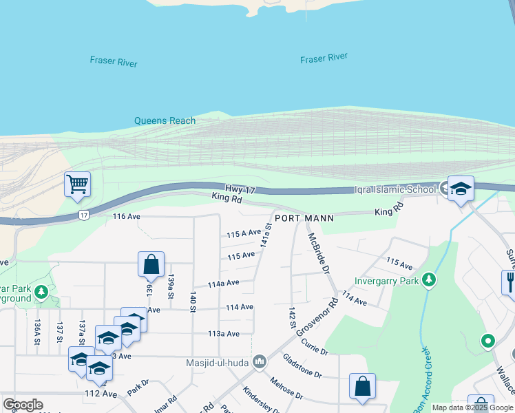 map of restaurants, bars, coffee shops, grocery stores, and more near 14122 King Road in Surrey