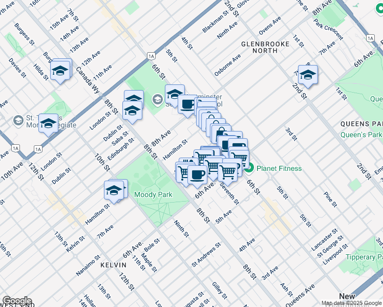 map of restaurants, bars, coffee shops, grocery stores, and more near 701 Seventh Avenue in New Westminster