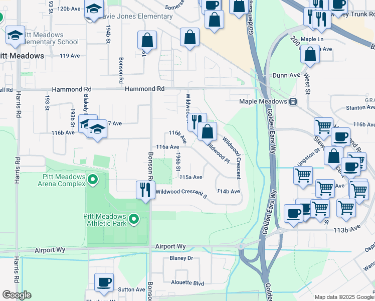 map of restaurants, bars, coffee shops, grocery stores, and more near 19726 116A Avenue in Pitt Meadows