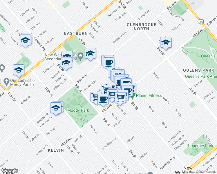 map of restaurants, bars, coffee shops, grocery stores, and more near 620 Seventh Avenue in New Westminster