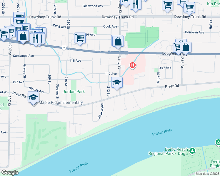 map of restaurants, bars, coffee shops, grocery stores, and more near 11624 212 Street in Maple Ridge