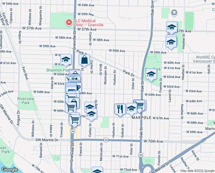 map of restaurants, bars, coffee shops, grocery stores, and more near 7950 Montcalm Street in Vancouver