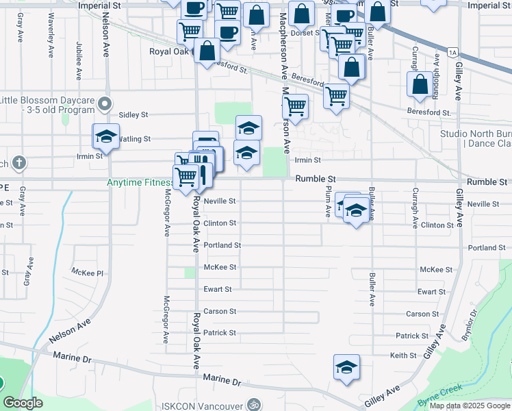 map of restaurants, bars, coffee shops, grocery stores, and more near 5456 Neville Street in Burnaby