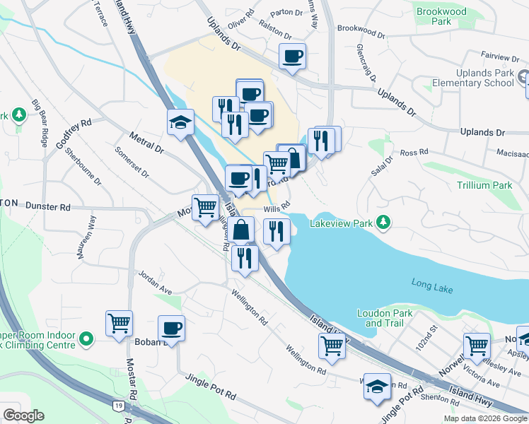 map of restaurants, bars, coffee shops, grocery stores, and more near 4949 Wills Road in Nanaimo