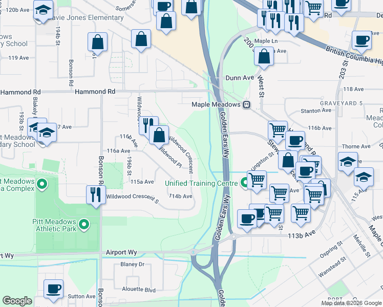 map of restaurants, bars, coffee shops, grocery stores, and more near 19865 Wildwood Crescent in Pitt Meadows
