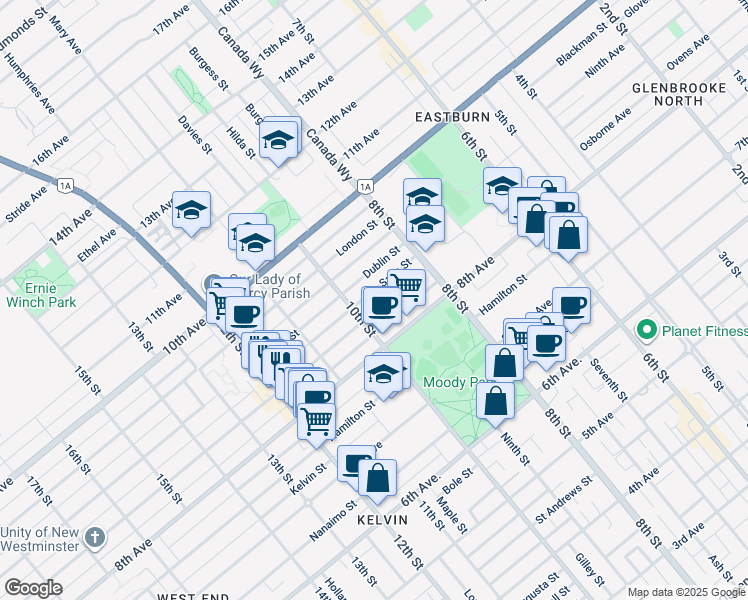 map of restaurants, bars, coffee shops, grocery stores, and more near 916 Edinburgh Street in New Westminster