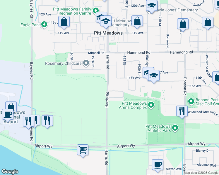 map of restaurants, bars, coffee shops, grocery stores, and more near 11620 Harris Road in Pitt Meadows