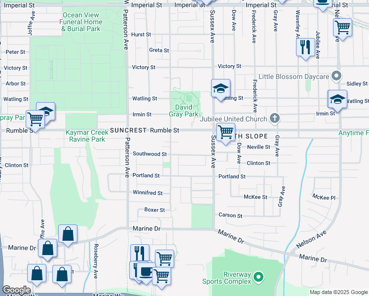 map of restaurants, bars, coffee shops, grocery stores, and more near 4335 Southwood Street in Burnaby