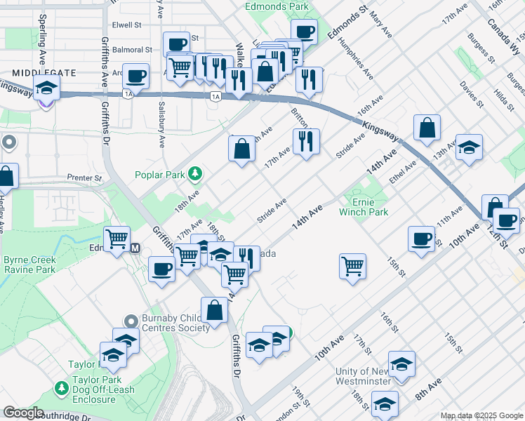 map of restaurants, bars, coffee shops, grocery stores, and more near 7171 Stride Avenue in Burnaby