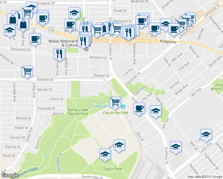 map of restaurants, bars, coffee shops, grocery stores, and more near 7671-7671, 7610-7610 Griffiths Lane in Burnaby