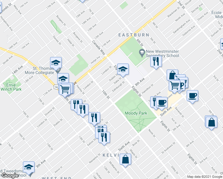 map of restaurants, bars, coffee shops, grocery stores, and more near 905 Edinburgh Street in New Westminster