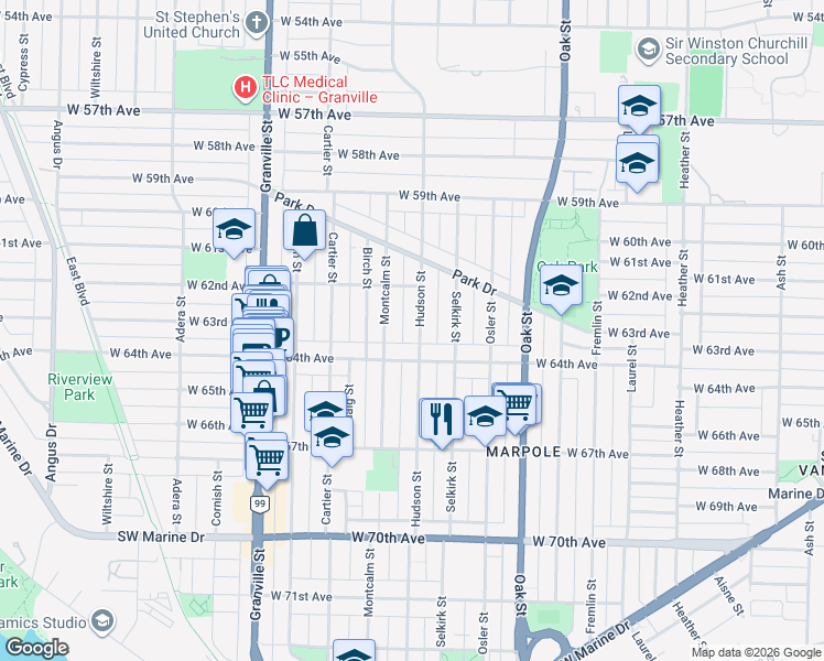 map of restaurants, bars, coffee shops, grocery stores, and more near 7935 Hudson Street in Vancouver
