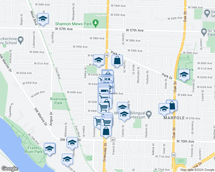 map of restaurants, bars, coffee shops, grocery stores, and more near 7916 Granville Street in Vancouver