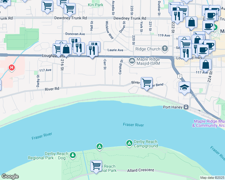 map of restaurants, bars, coffee shops, grocery stores, and more near 21866 River Road in Maple Ridge