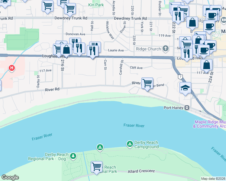 map of restaurants, bars, coffee shops, grocery stores, and more near 21850 River Road in Maple Ridge