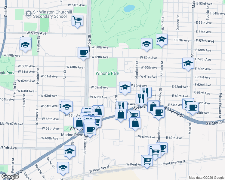 map of restaurants, bars, coffee shops, grocery stores, and more near 322 West 62nd Avenue in Vancouver