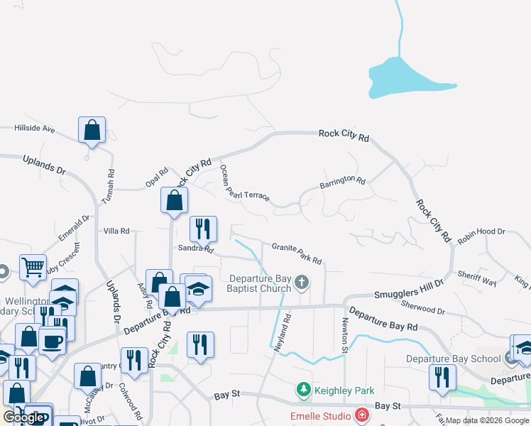 map of restaurants, bars, coffee shops, grocery stores, and more near 1220 Manzanita Place in Nanaimo