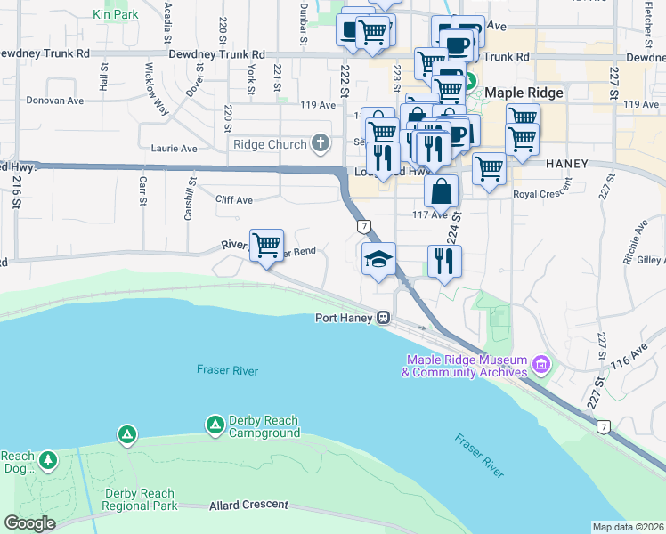 map of restaurants, bars, coffee shops, grocery stores, and more near in Maple Ridge