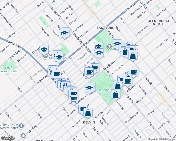map of restaurants, bars, coffee shops, grocery stores, and more near 905 Edinburgh Street in New Westminster