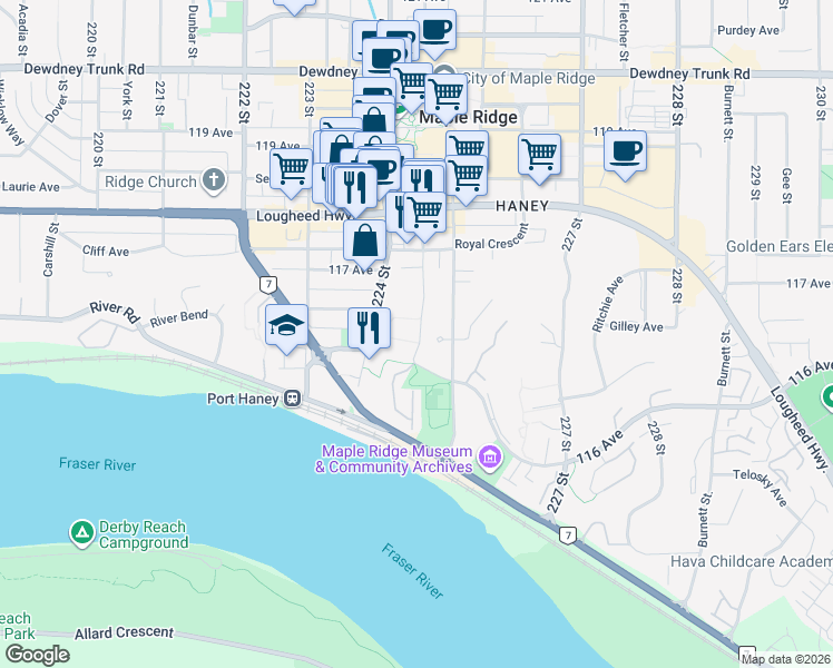 map of restaurants, bars, coffee shops, grocery stores, and more near 11595 Fraser Street in Maple Ridge
