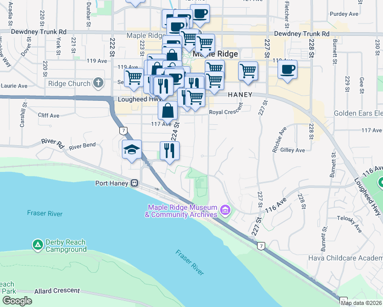 map of restaurants, bars, coffee shops, grocery stores, and more near 11595 Fraser Street in Maple Ridge
