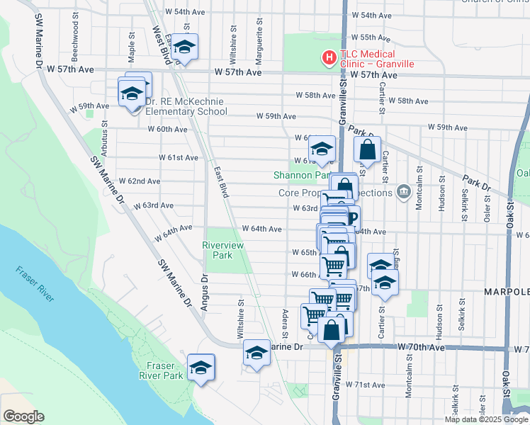 map of restaurants, bars, coffee shops, grocery stores, and more near 1648 West 63rd Avenue in Vancouver