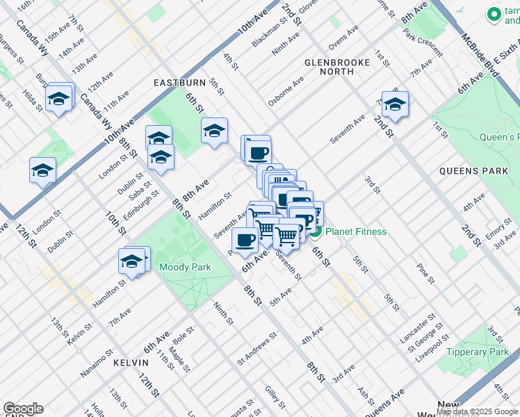 map of restaurants, bars, coffee shops, grocery stores, and more near 620 Seventh Avenue in New Westminster