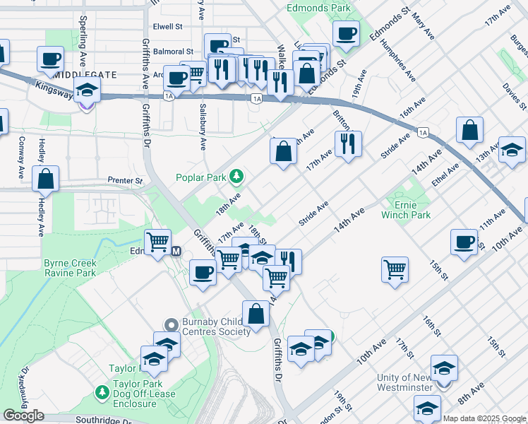 map of restaurants, bars, coffee shops, grocery stores, and more near 7128 17th Avenue in Burnaby
