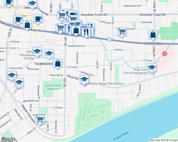 map of restaurants, bars, coffee shops, grocery stores, and more near 20837 Stoney Avenue in Maple Ridge