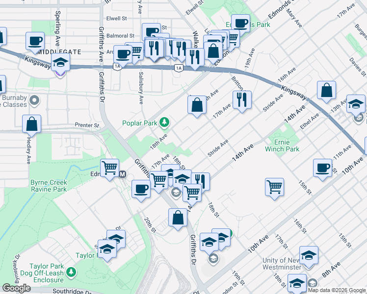 map of restaurants, bars, coffee shops, grocery stores, and more near 7128 17th Avenue in Burnaby