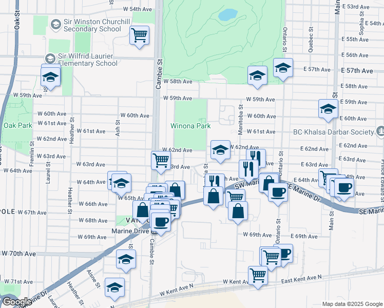 map of restaurants, bars, coffee shops, grocery stores, and more near 368 West 62nd Avenue in Vancouver