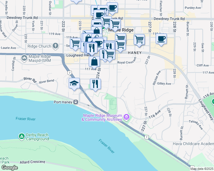 map of restaurants, bars, coffee shops, grocery stores, and more near 11655 Fraser Street in Maple Ridge