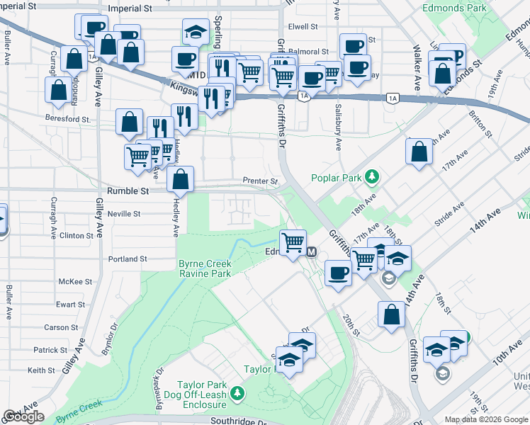 map of restaurants, bars, coffee shops, grocery stores, and more near 6741 Hart Street in Burnaby