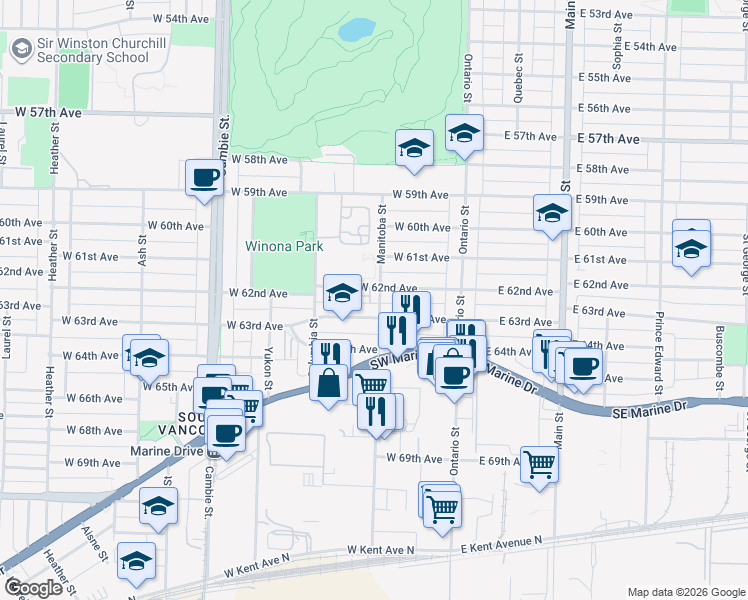 map of restaurants, bars, coffee shops, grocery stores, and more near 7839 Manitoba Street in Vancouver