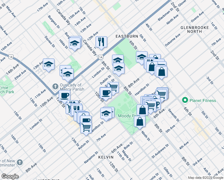 map of restaurants, bars, coffee shops, grocery stores, and more near 820 Edinburgh Street in New Westminster