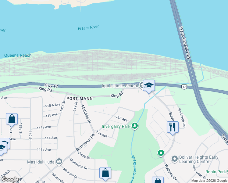 map of restaurants, bars, coffee shops, grocery stores, and more near 14414 116A Avenue in Surrey