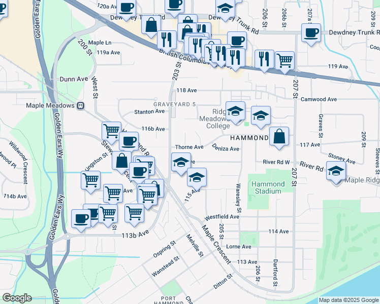 map of restaurants, bars, coffee shops, grocery stores, and more near 20370 Thorne Avenue in Maple Ridge